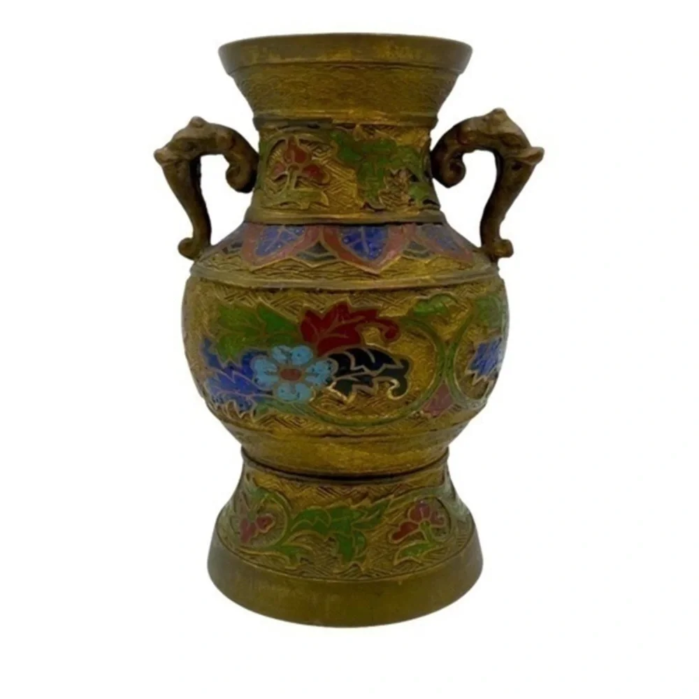 Vintage Japanese Cloisonné Floral Brass Vase With Elephant Handles